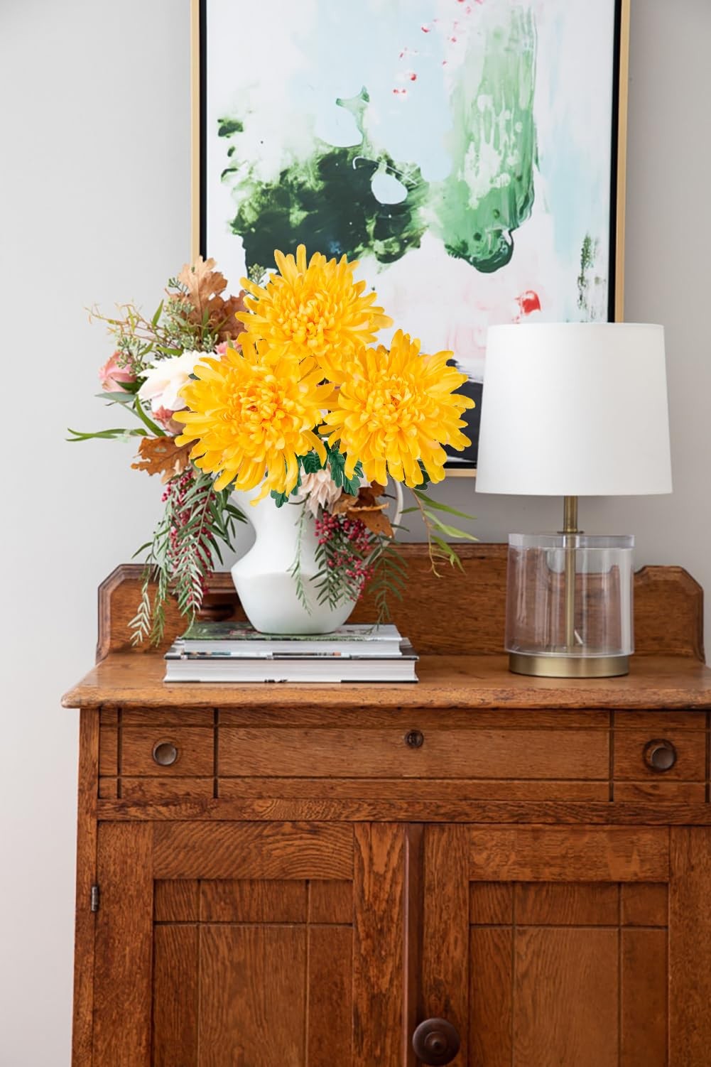 6 Pcs Yellow Artificial Mums for Outdoors Fall – 25.6’’ Long Stem Faux Chrysa…