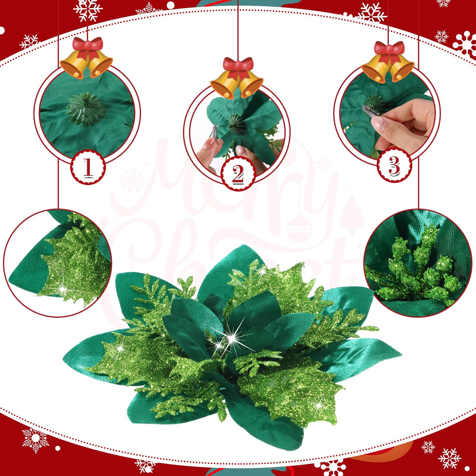 36 Pcs Christmas Glitter Artificial Poinsettia Flowers Xmas Poinsettia Artifi…