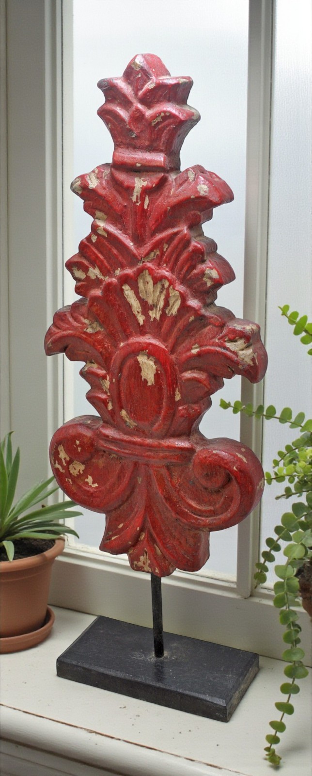 Hand Carved Wooden Flower Carving Panel Plaque on Stand Rustic Red Painted