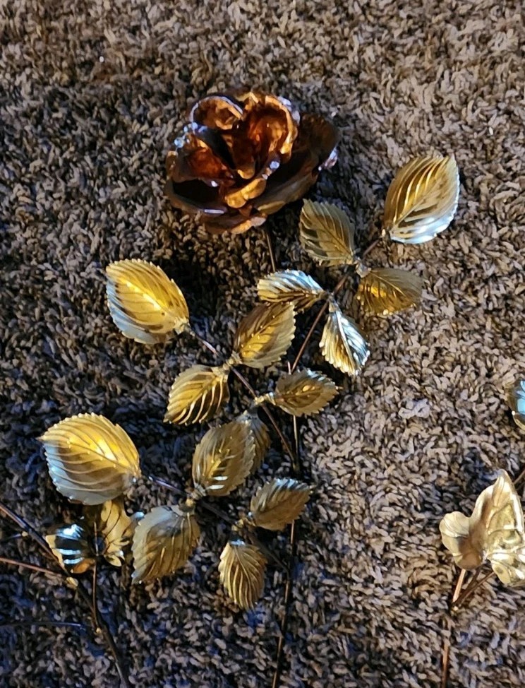 Vintage 3 Piece Set Of Brass Leaf And Copper Rose Long Stem 14″ Floral Wall Art