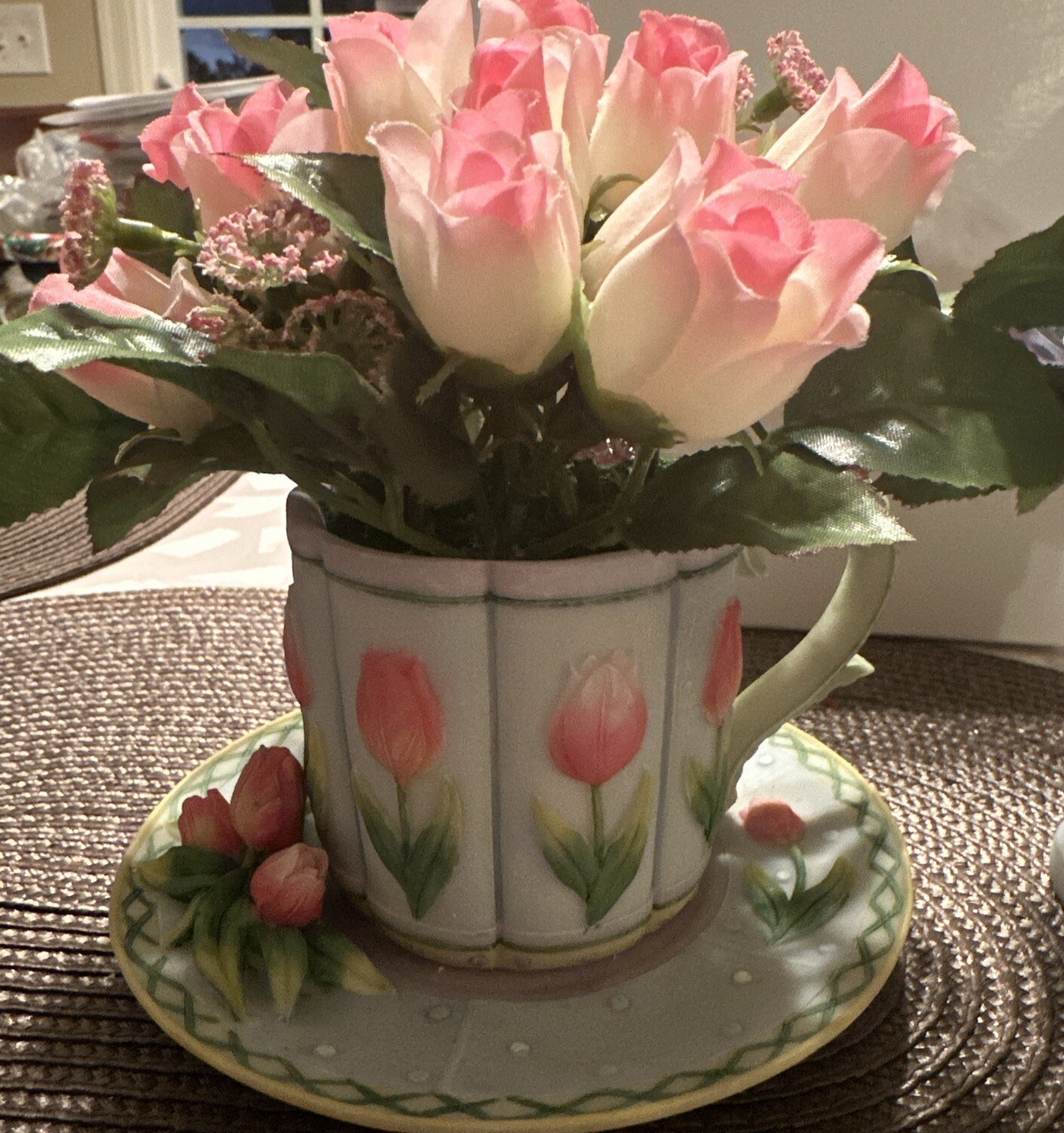 Set of 2 Resin Teacup Mug & bucke Faux Flowers A Richesco Corp CottageCore Decor