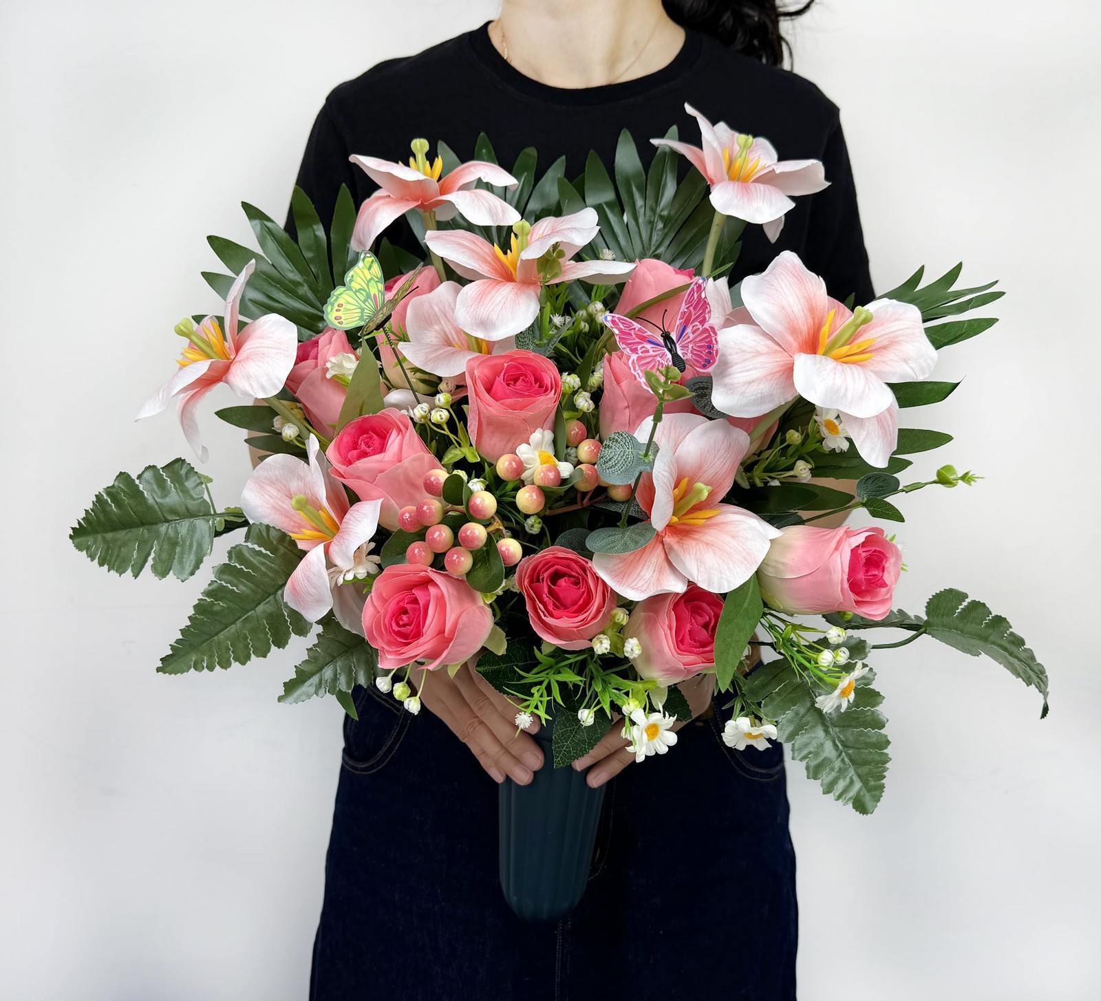 Grave Flowers Memorial Day Spring Pink Bouquet With Vase Headstone 1 PCS