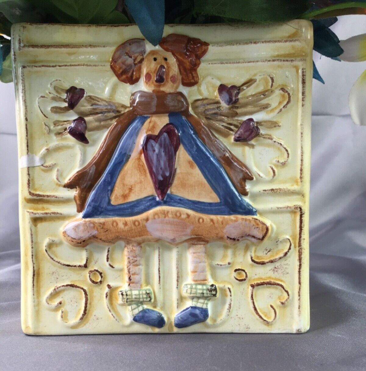 Square 5” Angel Planter Vase Gorgeous Blue White Yellow Floral Arrangement