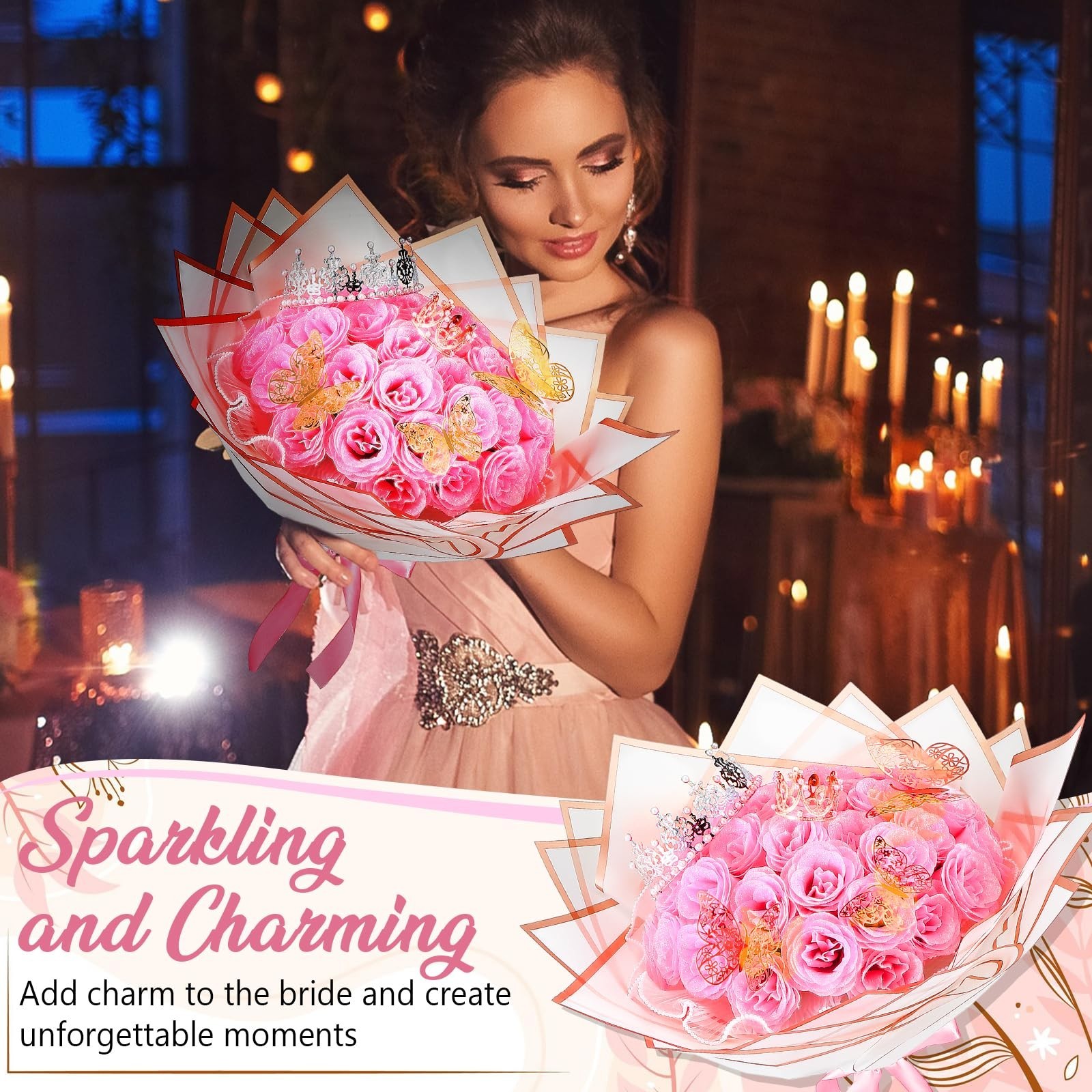 36 Pcs Pink Glitter Roses Bouquet Kit – DIY Flowers, Wrapping Paper & 3D Butterf