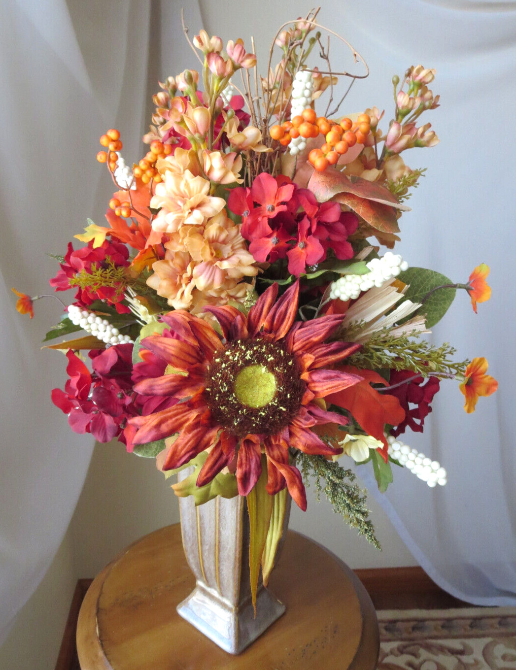 FLORAL FALL ARRANGEMENT IN VASE ARTIFICIAL SILK/PLASTIC FLOWERS 21″x13″ NEW
