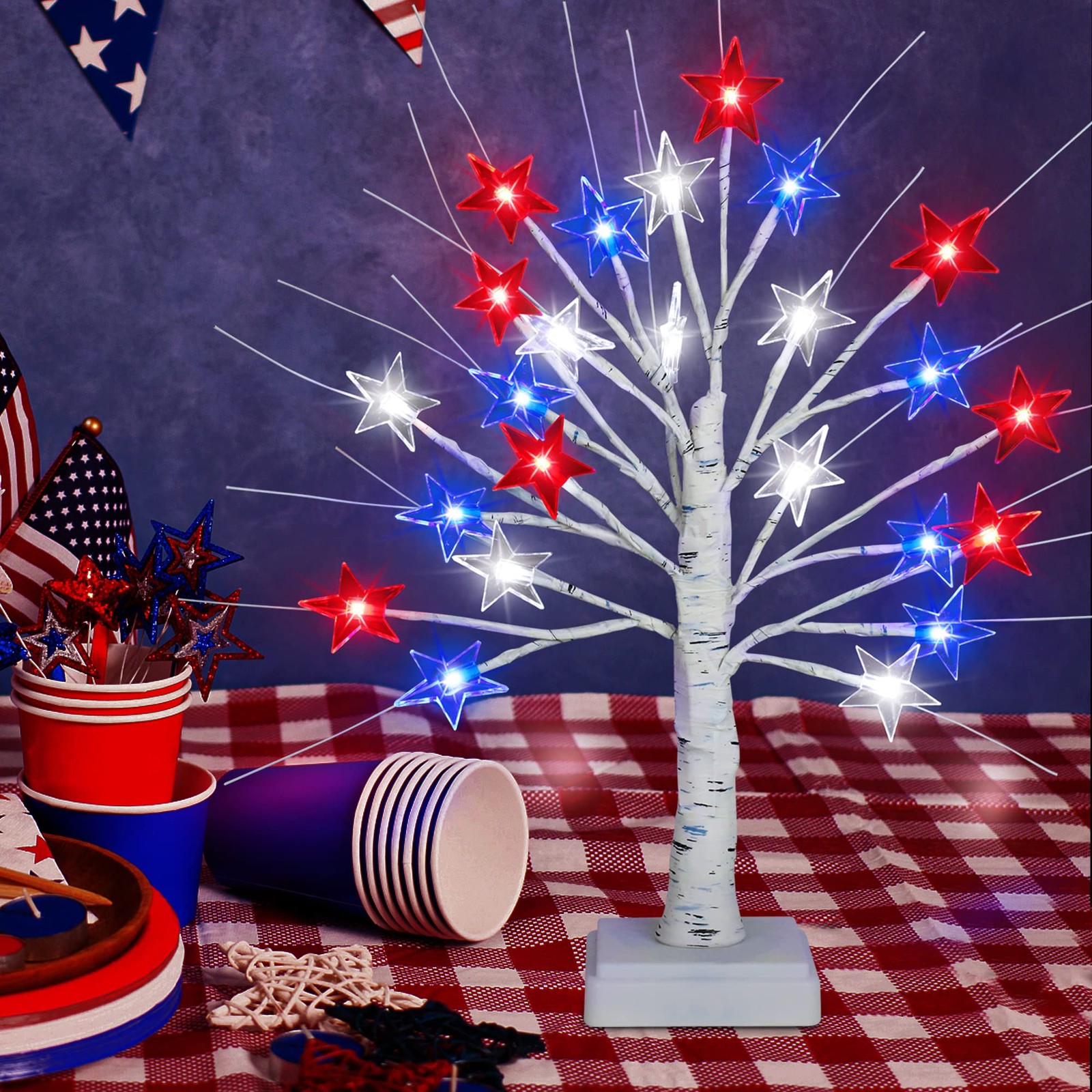 [Timer] 2 Pack 18 Inch 4th of July Patriotic Decorations Tree Light with 24 L…