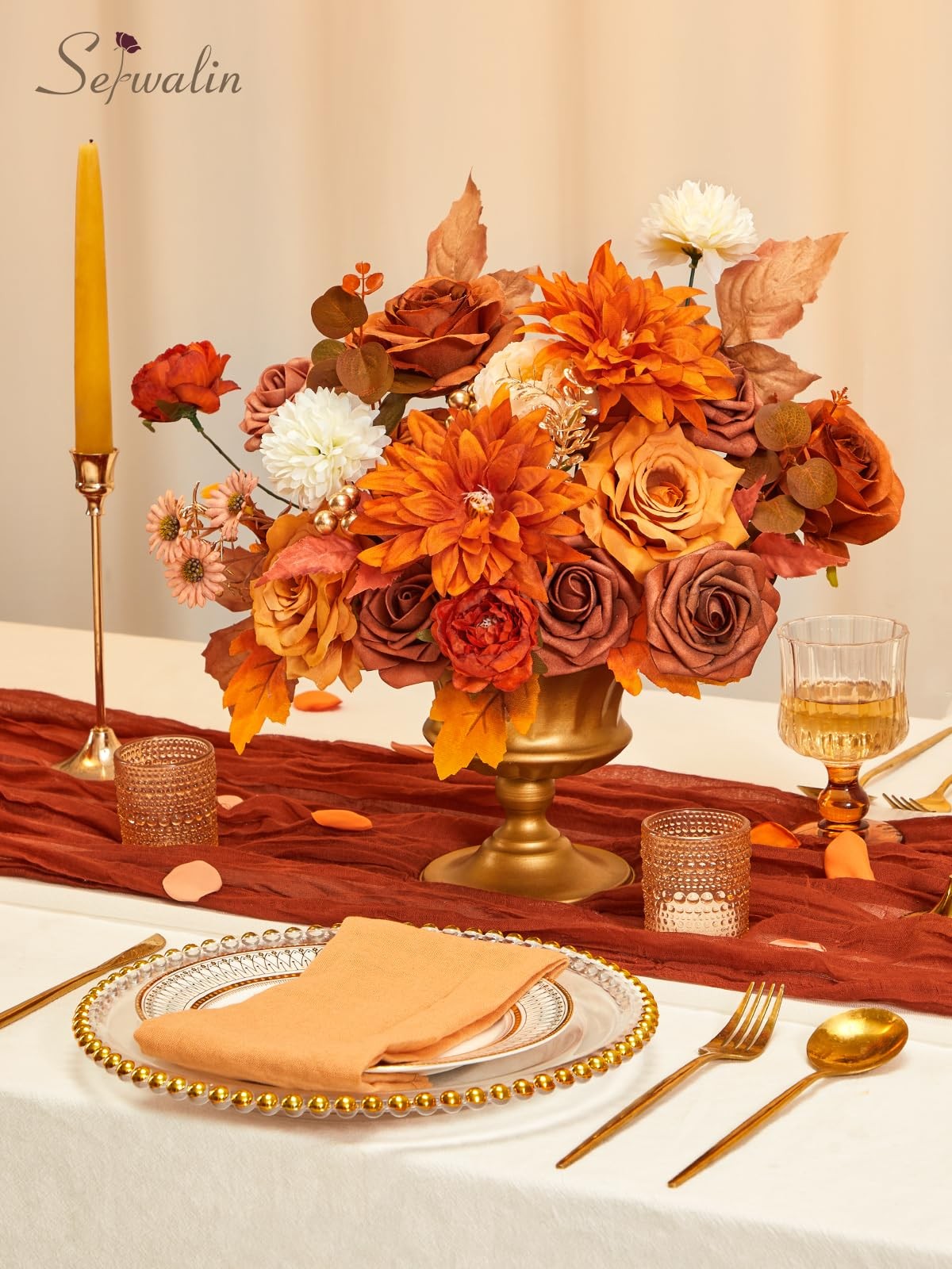 Burnt Orange Artificial Spring Flowers Silk Fake Cake DIY Wedding Decoration