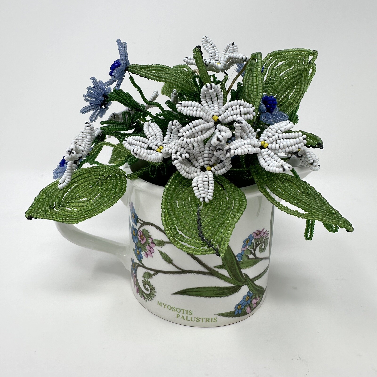 Beaded Glass Flower Bouquet Forget Me Not & Portmeirion Botanic Garden Pot