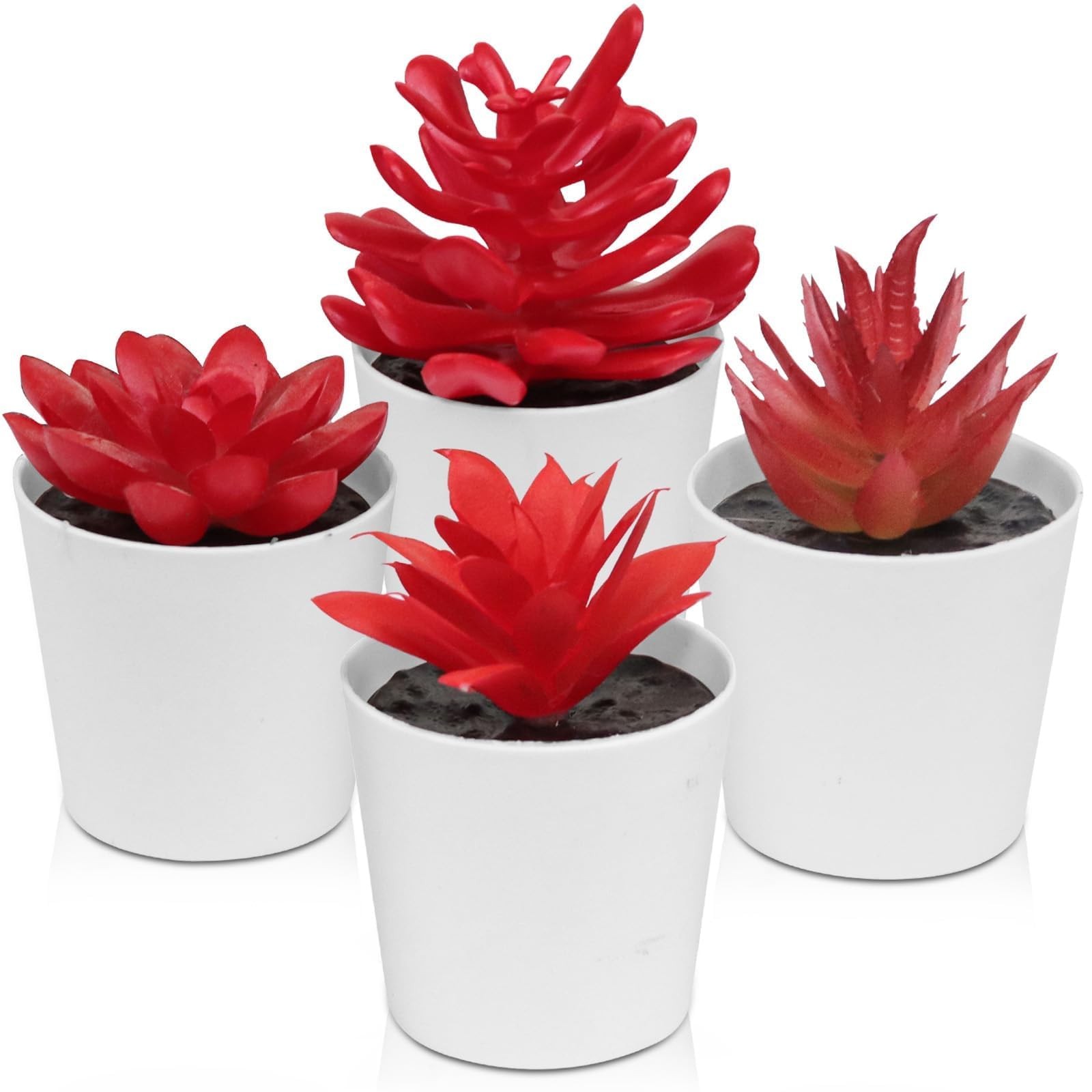 4 Pack Red Artificial Succulent Lotus Potted Plants Office Home Decor