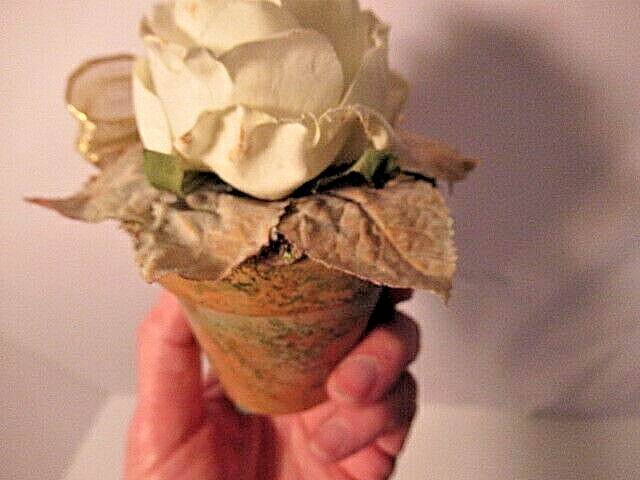 Vintage Paper Rose in Terracotta 3″ pot w/ Gild & Moss finish-Gold Bow- Romantic