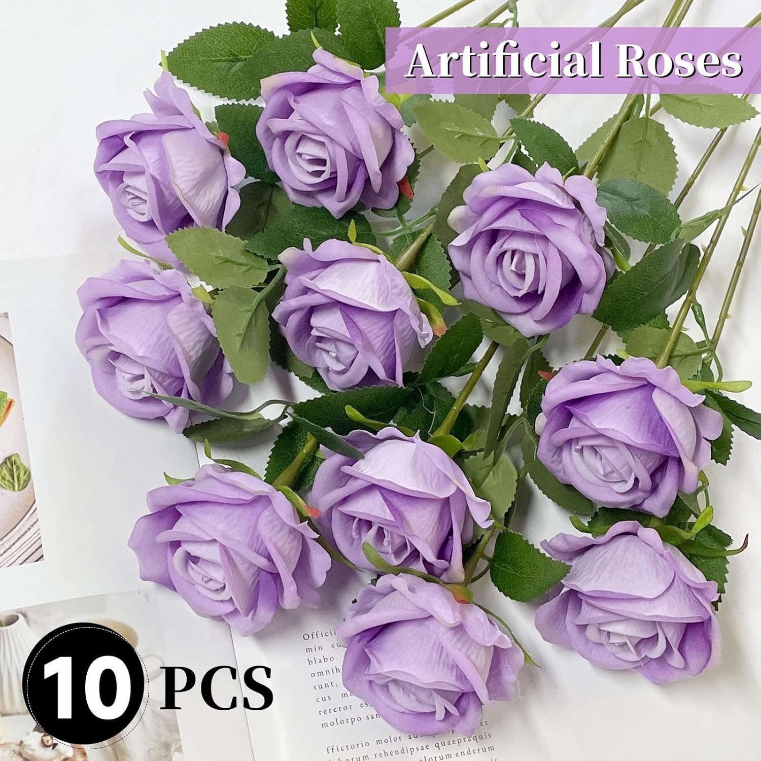 10PCS Artificial Roses Flower with Stems Slik Fake Flowers Light Purple