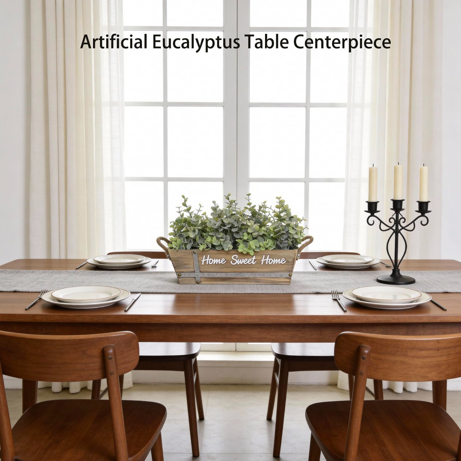Faux Eucalyptus Table Centerpiece in Wooden Box, Rustic Home Décor, Jute Handles