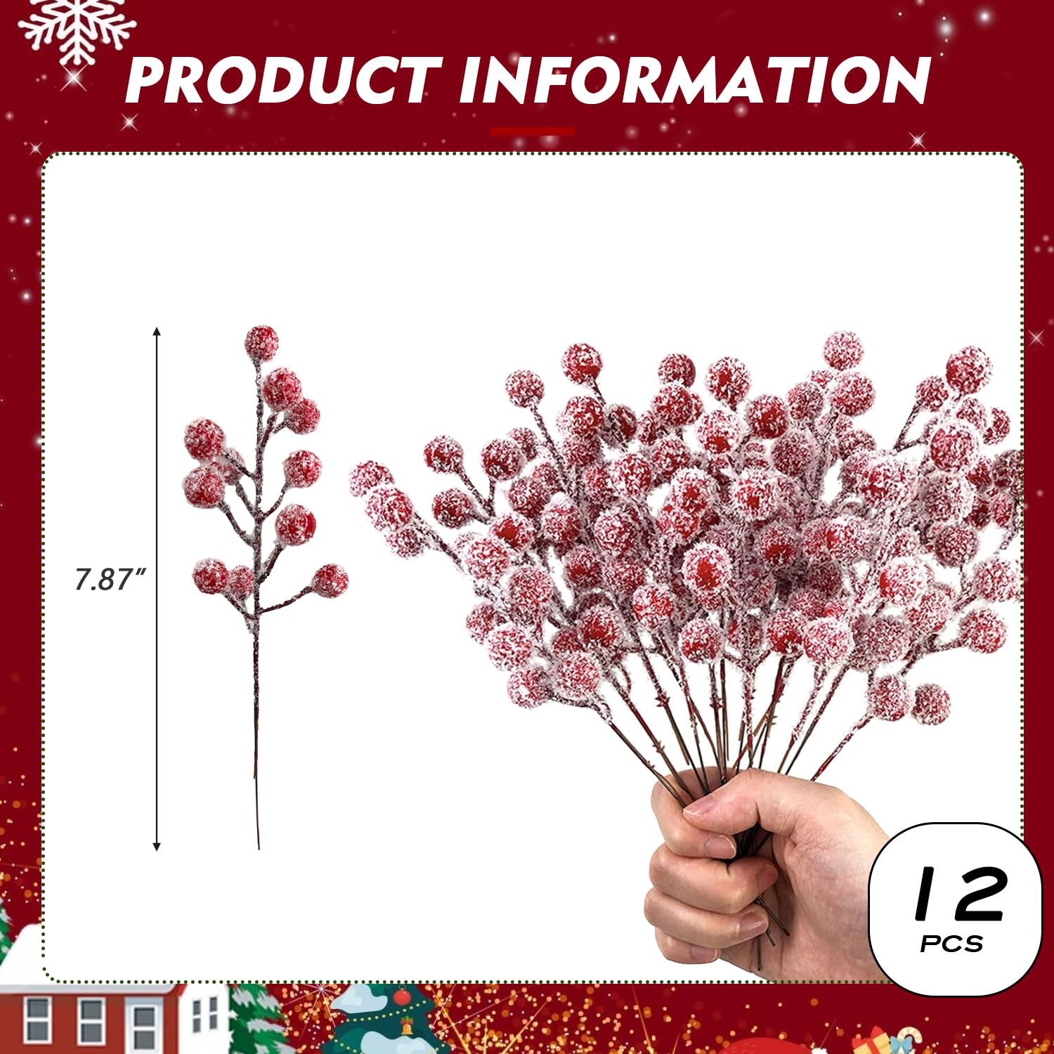 12Pcs Artificial Holly Stems 7.8 Inch Christmas Spray Picks with Snow Red Ber…
