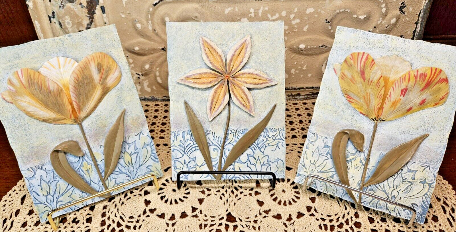 Set of 3 Decorative Embossed Floral Wall Plaques Ready to Hang 6″ x 5″