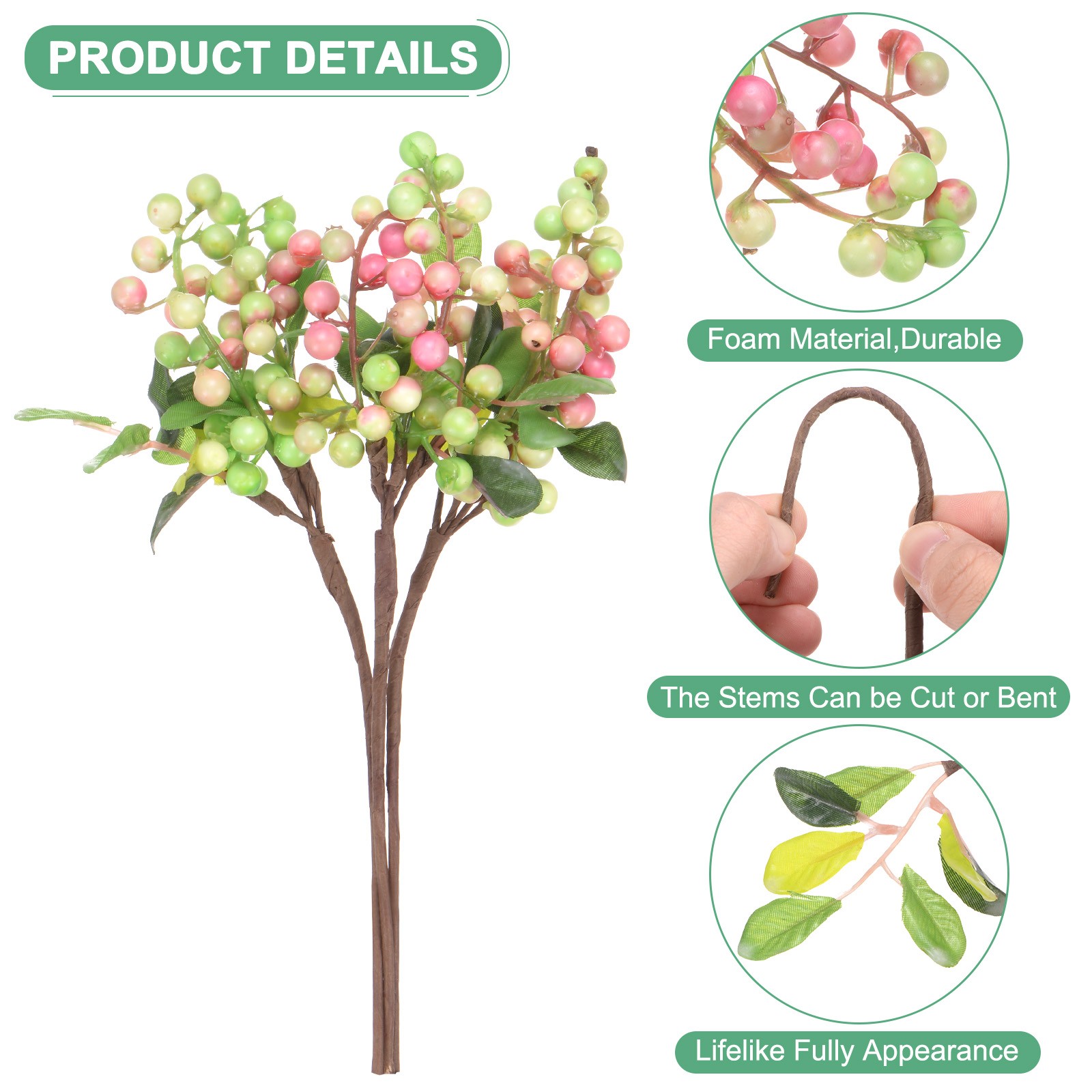 3-Pack Artificial Berry, 9.8 Inch for Home Decor/Wedding [White Pink]