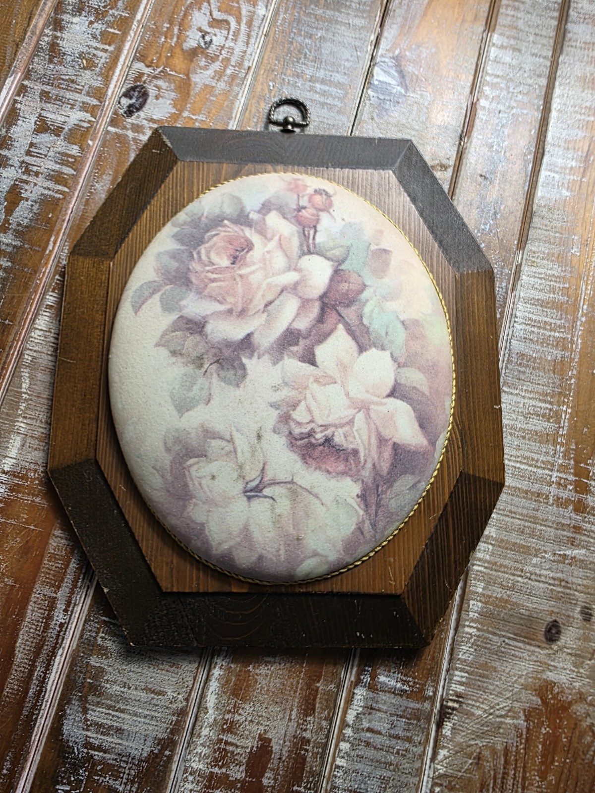 Vintage Oval Wooden Wall Art Plaque With Pink Roses, Convex Dome Shaped Beaded