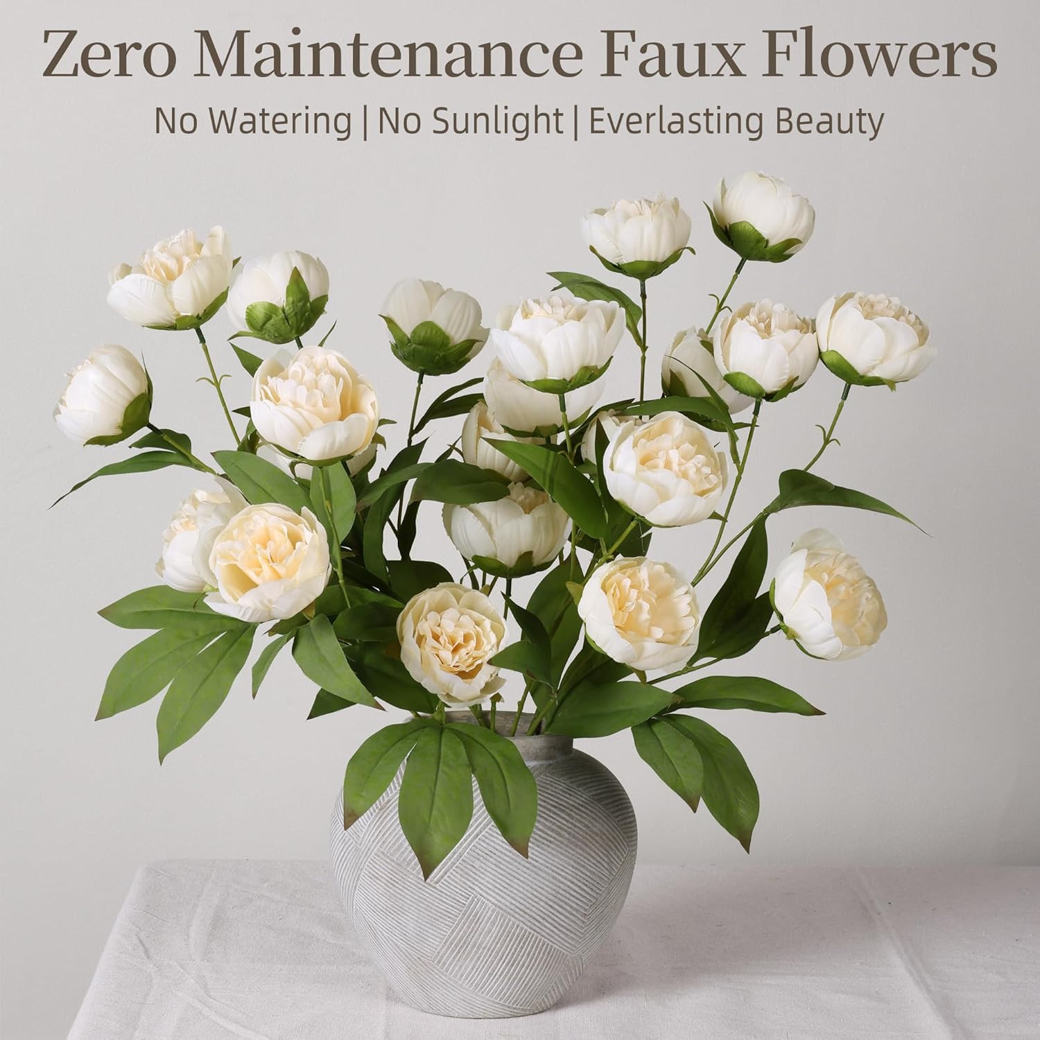 florisso 6 Pcs Peony Artificial Flowers for Vase 27″ – Fake Stems (Beige) | Bulk
