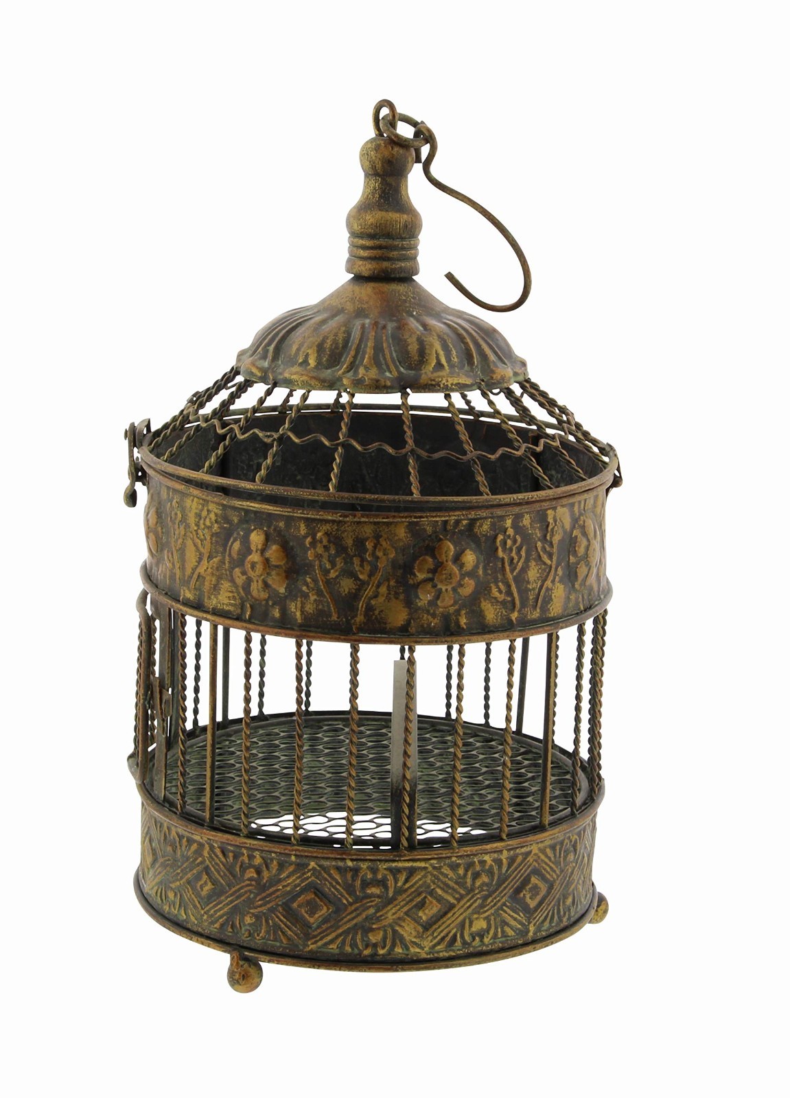Antique Metal Floral Birdcage Set of 2 – Twisted Rod, Latch Closure, Hanging Hoo