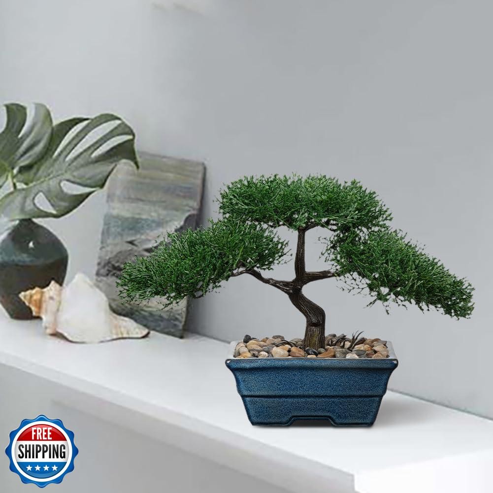 Artificial Bonsai Tree Juniper Faux Plants Indoor Fake Plants Decor with Blue