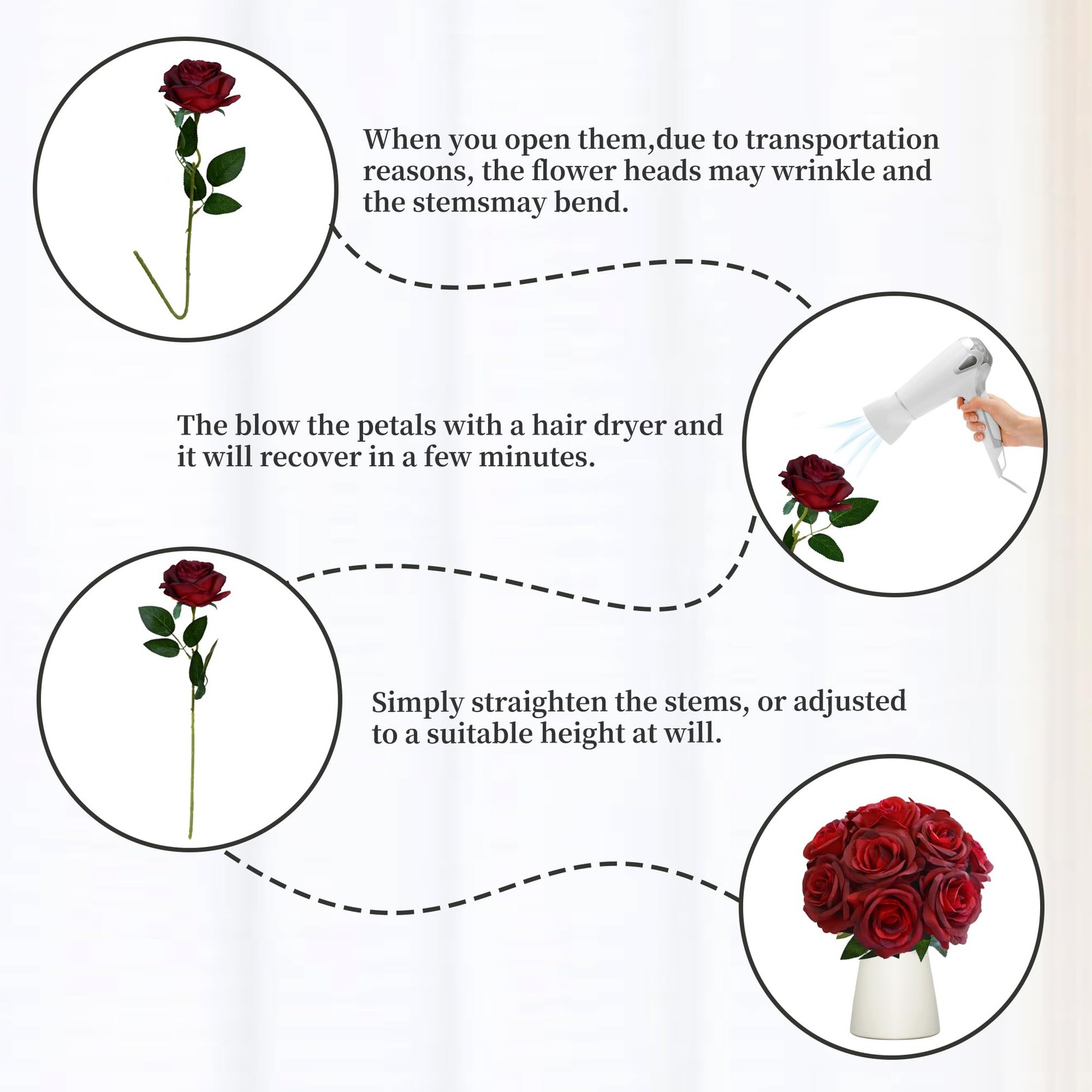 10 Pcs Wine Red Rose Artificial Flower, Faux Silk Flowers With Long Stems, Fa…