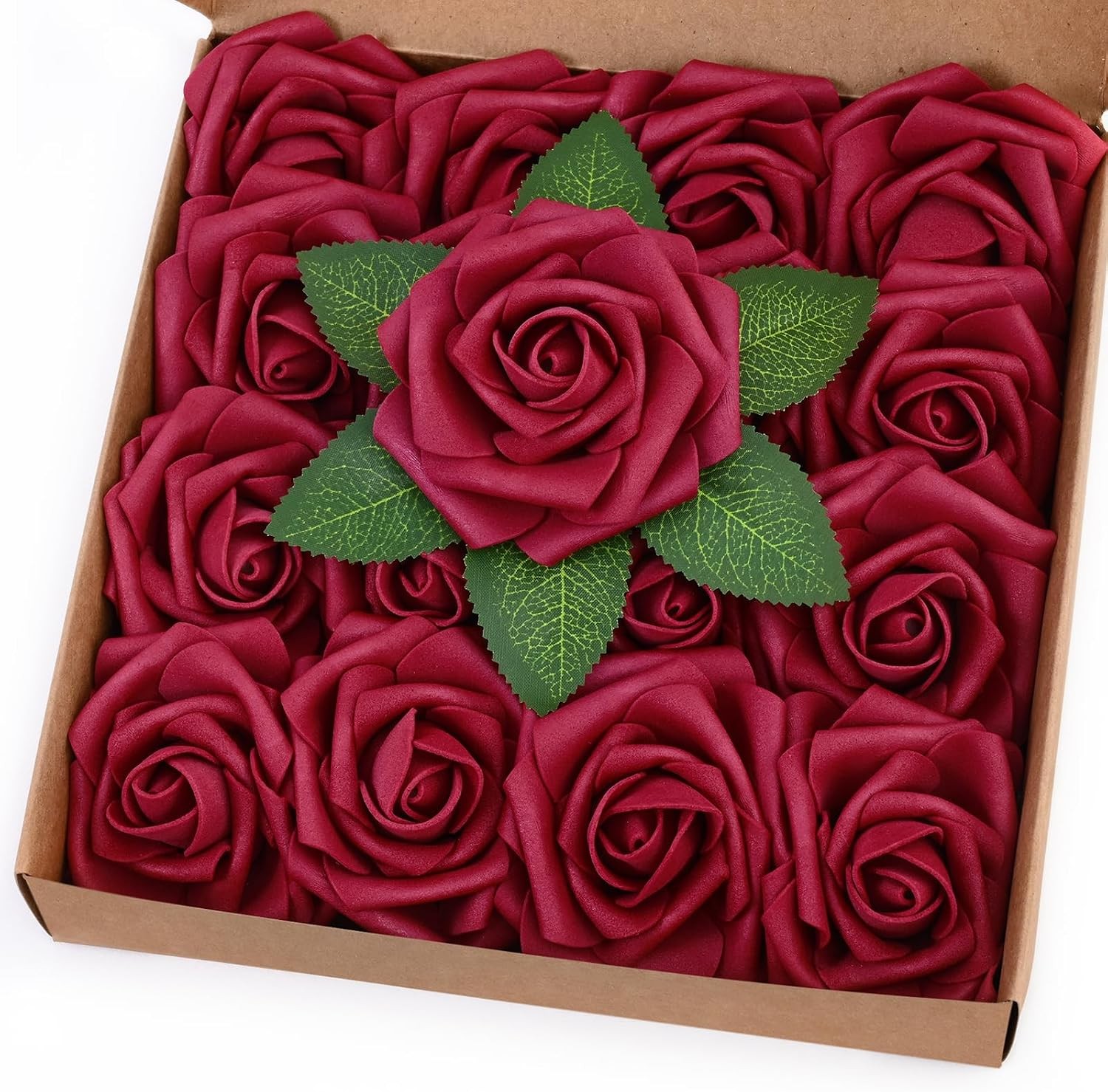 16Pcs Artificial Flowers Fake Roses with Stems, Burgundy Boxed Foam Roses for