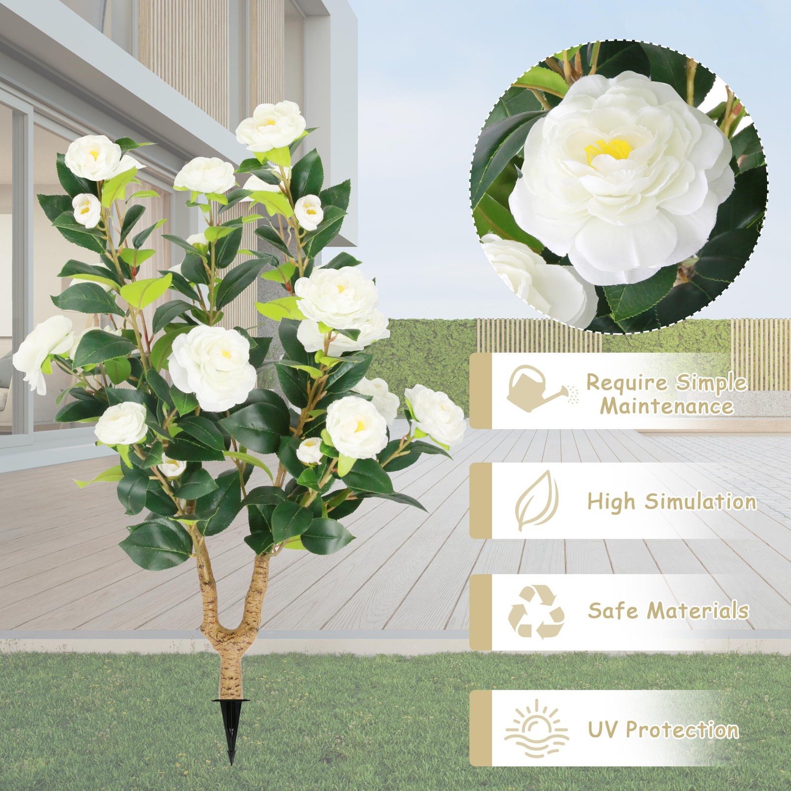 2 Packs 35.5″ Artificial Camellia Tree, Faux White Camellia Flowers Plant wit…