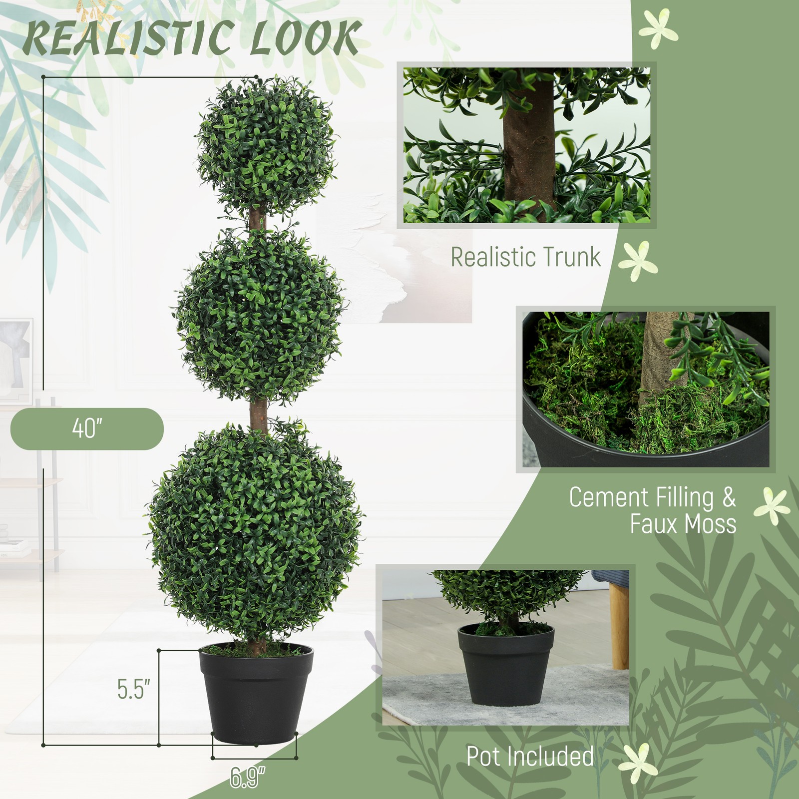 2 Pack Artificial Ball Boxwood Topiary Trees, Fake Plants Pot for Indoor Outdoor