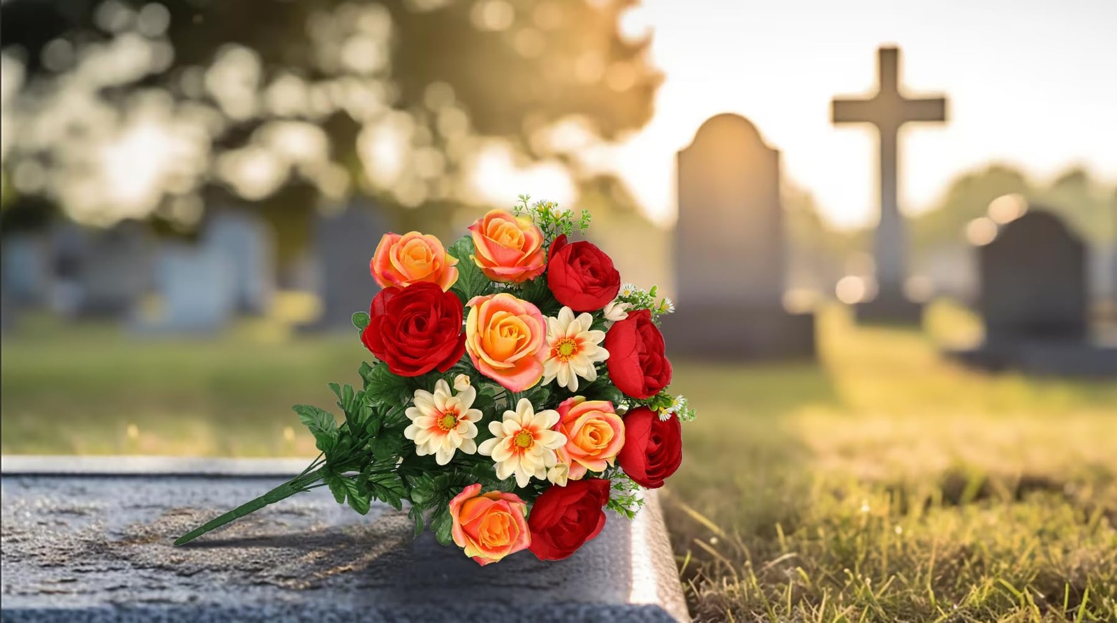 Hollyone Set of 2 Artificial Cemetery Flower for Graves Red Orange Cemetery M…