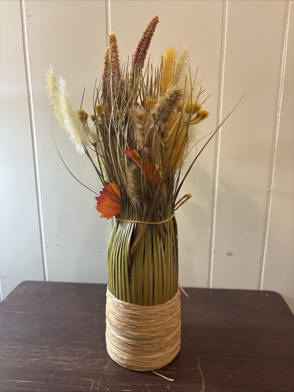 Dry Grass Floral Bouquet Fall Home Decor 16″ Brown Green Orange Thanksgiving