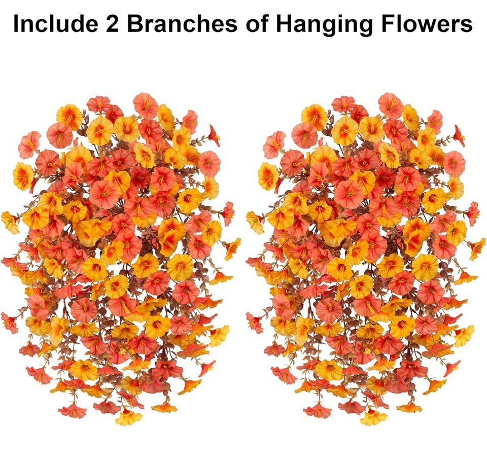Ivydale 2 PCS Artificial Fall Hanging Flowers Silk Faux Petunias Orange+Yellow