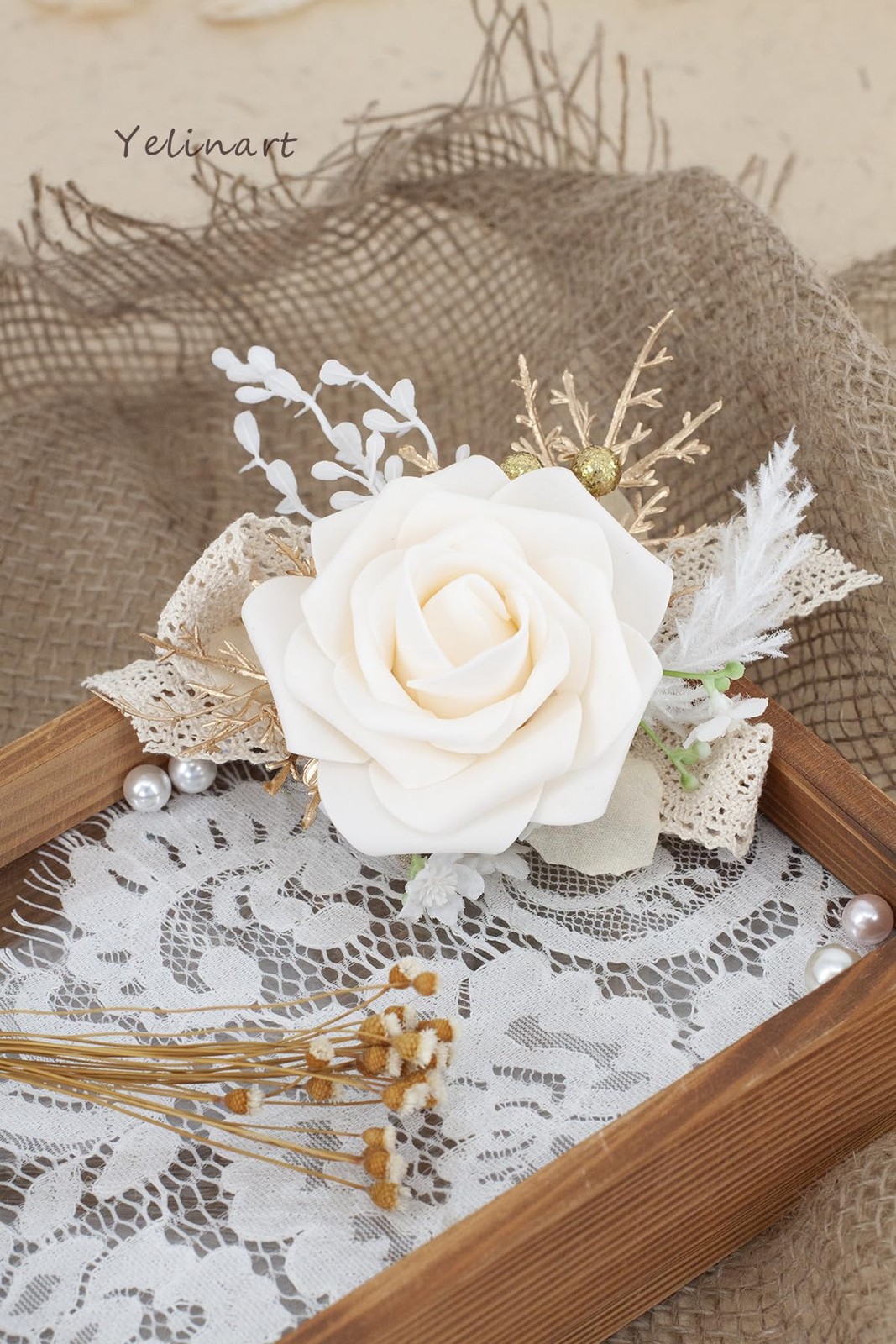 Yelinart Champagne & White Wrist Corsage and Boutonniere Set for Wedding Prom…