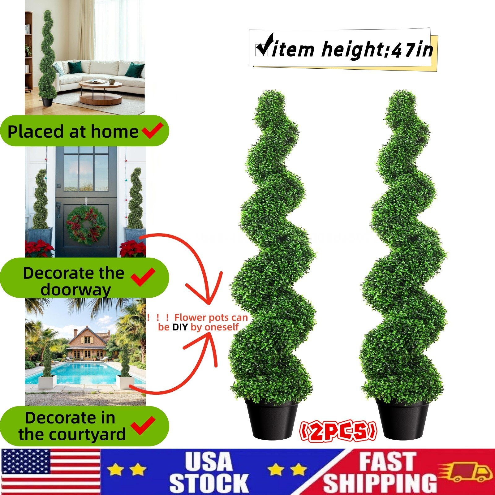 NEW 2 Pcs 4FT Artificial Boxwood Spiral Topiary Trees PE Faux Topiary Trees US