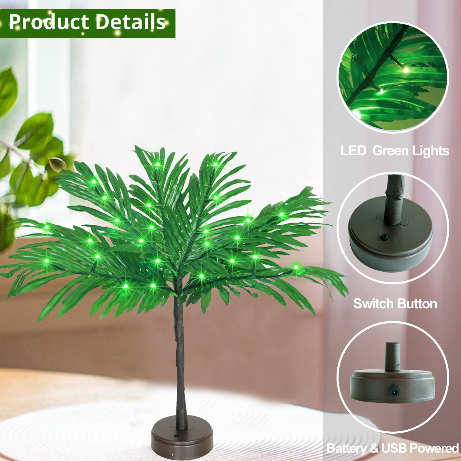 23 In Lighted Palm Tree Table Decor, Tropical Artificial Palm Tree Lights Bra…