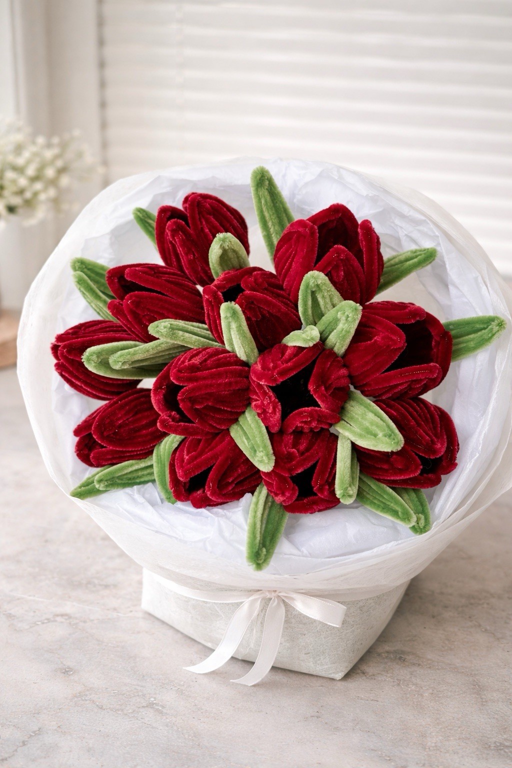 Handmade Tulip Flower Bouquet Red Green White Bunch Floral Decor