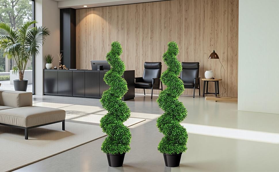 38.2 Inch Spiral Boxwood Topiary Trees 2 PCS Faux Fake Plants w/ Rust Frame