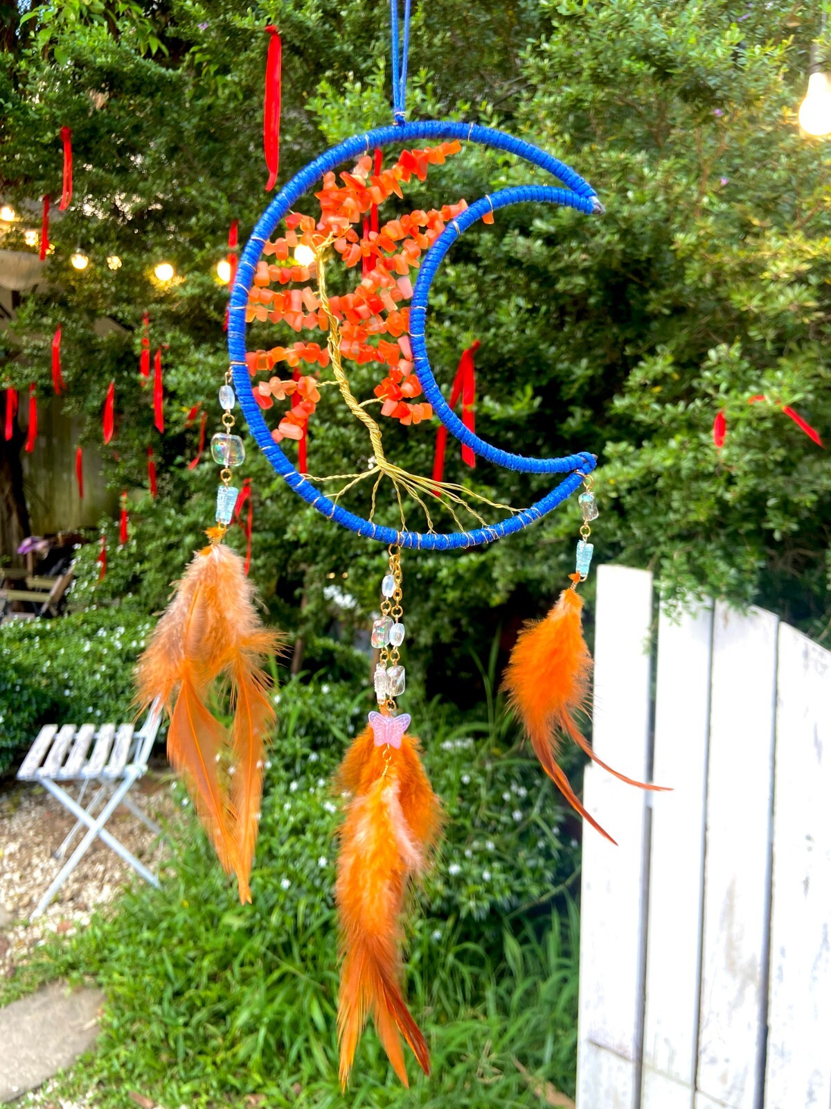 Mystical Blue Moon Dream Catcher with Tree Motifs and Delicate Stone Details