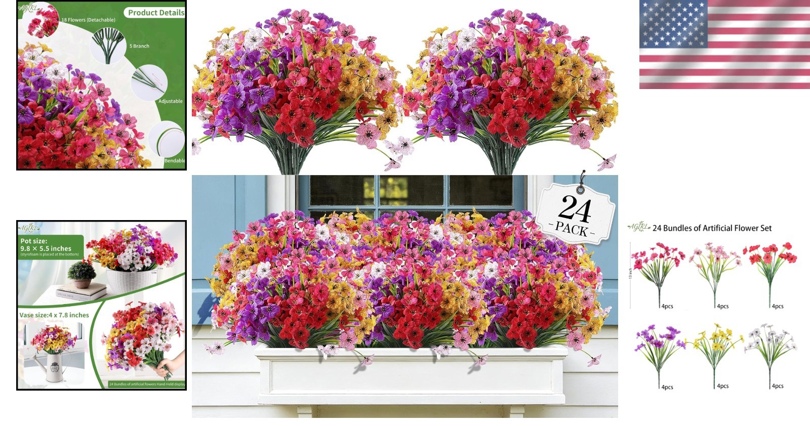 24 Bundles UV Resistant Artificial Flowers for Vibrant Indoor & Outdoor Decor