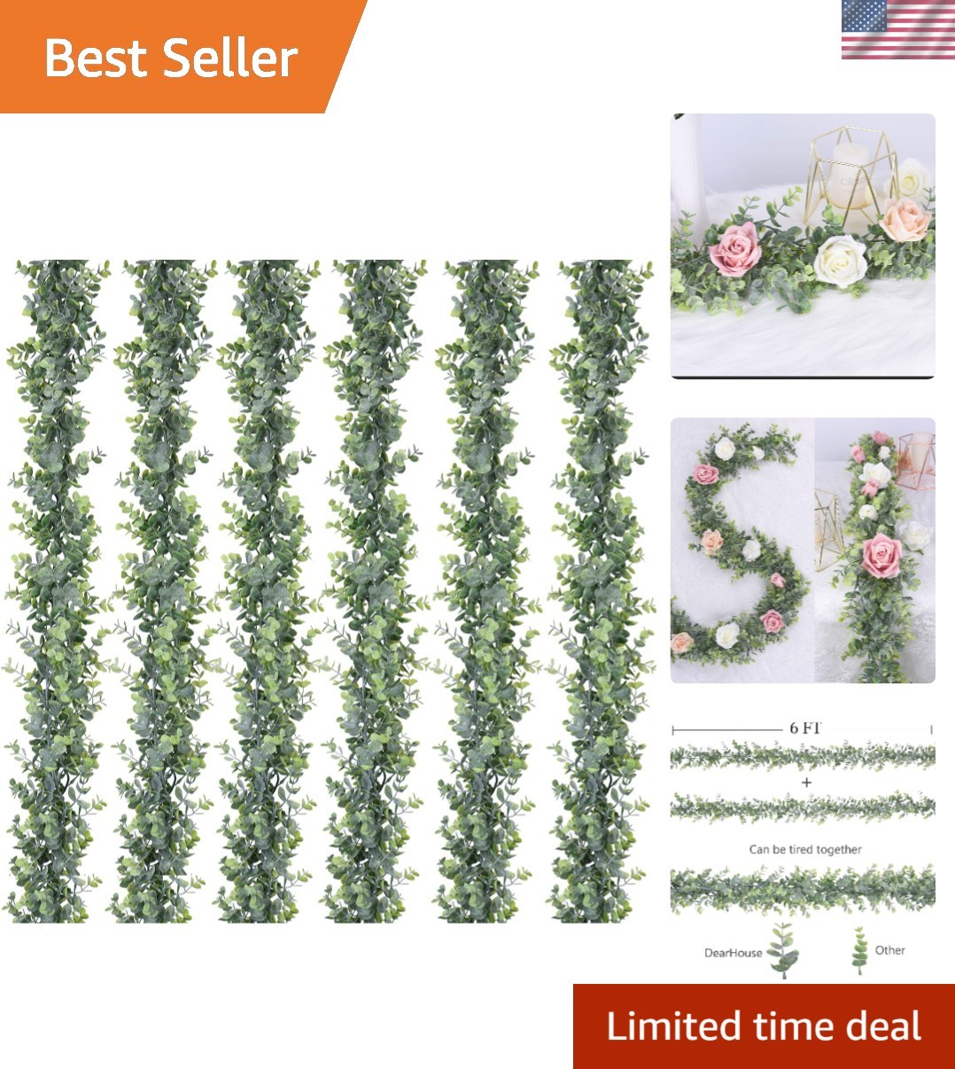 Set of 6 UV-Protected Faux Eucalyptus Garlands – 5.9 Feet Each for Wedding Decor