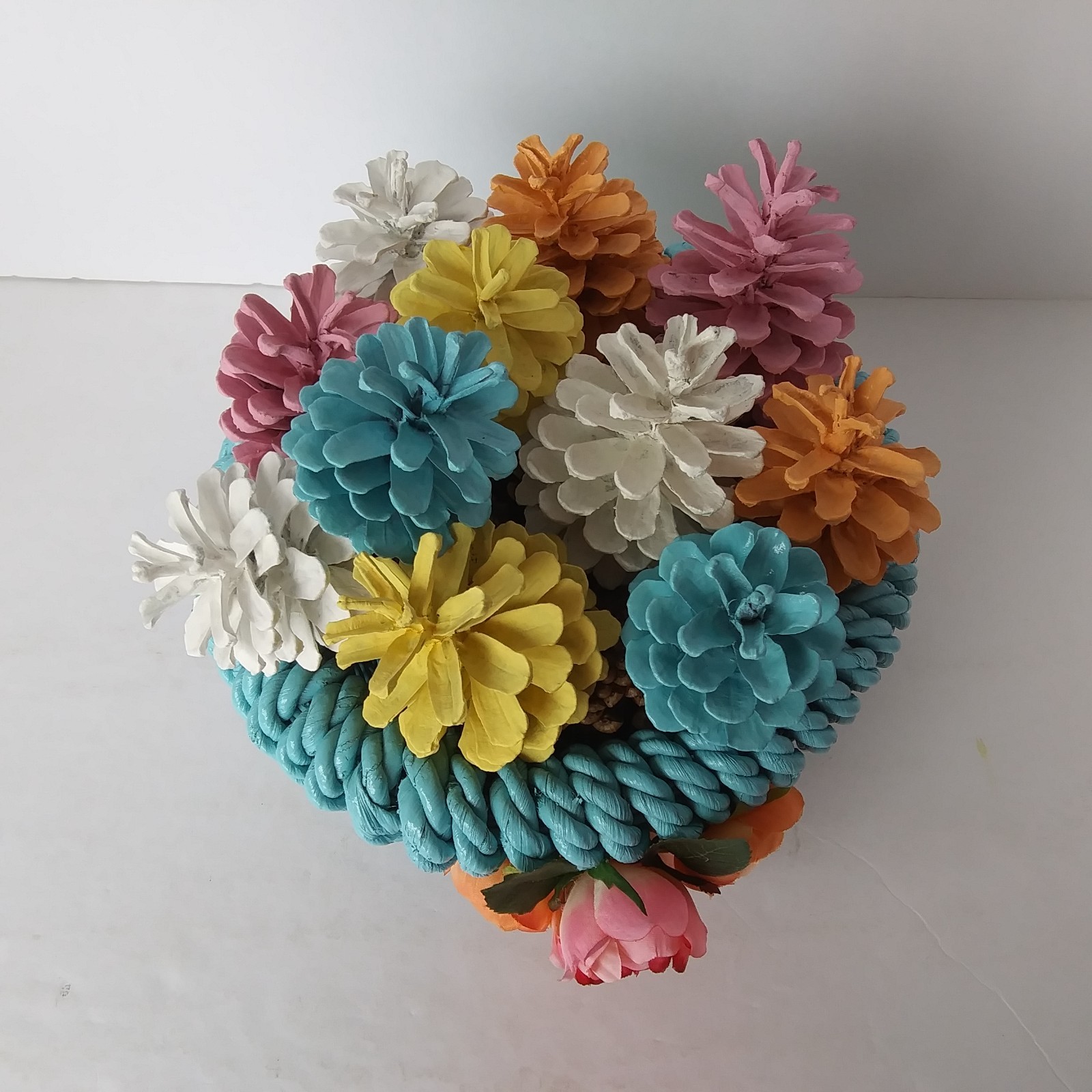 Colorful Pinecone Floral Basket Arrangement Teal Woven Pot Spring Decor Reversib