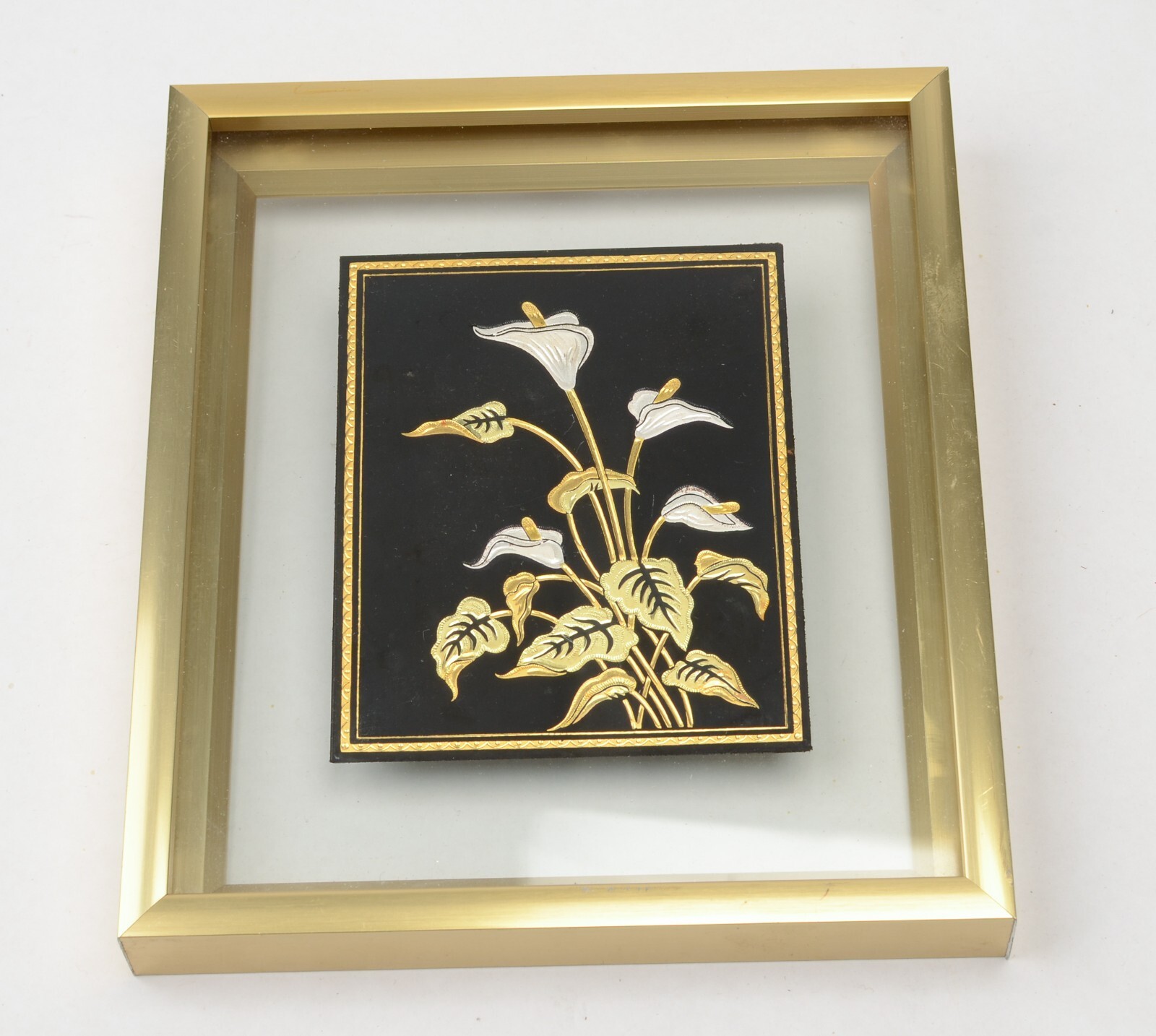 Damascene Floral Calla Lily Decoration 24K Gold Toledo Spain Framed 3.25 x 4 in