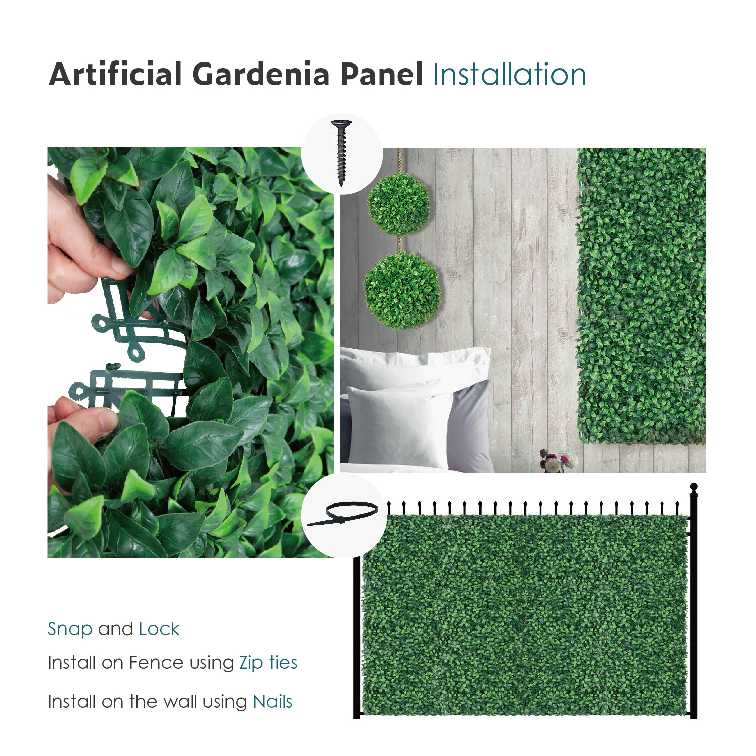 20x20in Artificial Gardenia Leave Mat Wall Hedge Decor Privacy Fence Panel Grass