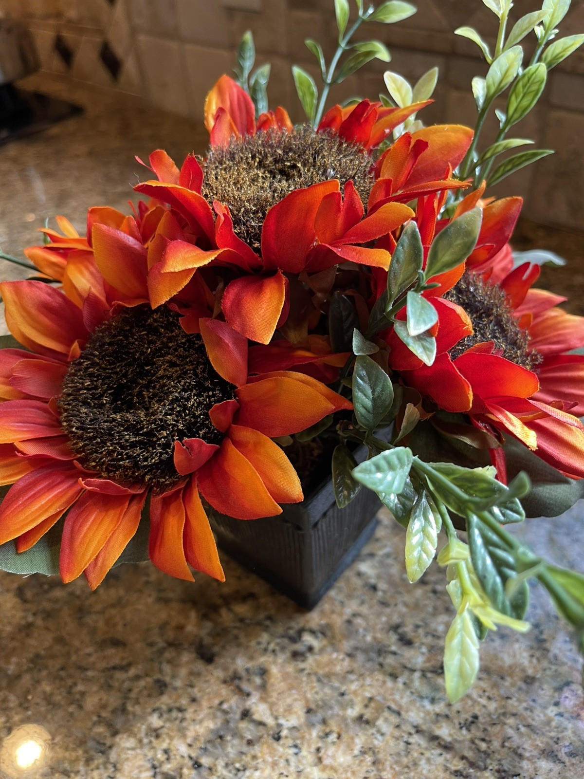 Sunflower Artificial Floral Arrangement In Ceramic Pot. Approx 9 “ tall.