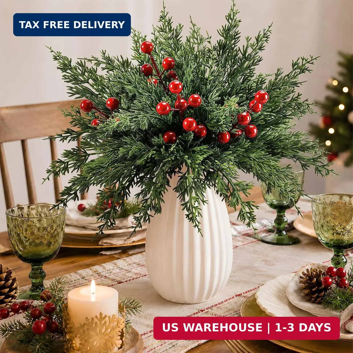45Pcs Artificial Pine Branches with Red Berry Stems,Christmas Faux Green Cedar S