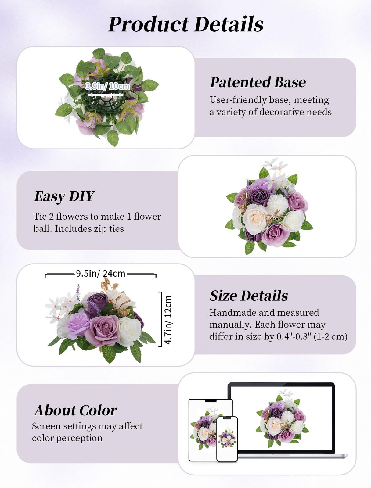 2 PCS Artificial Flowers Ball Wedding Centerpieces Lilac Rose Silk Kissing