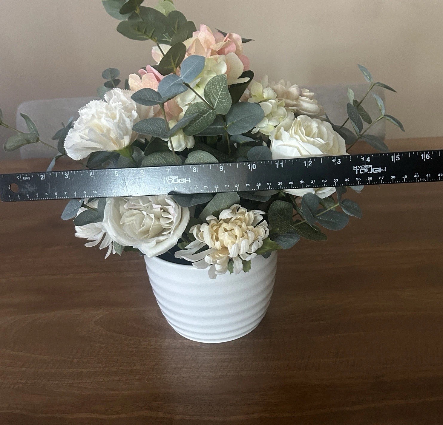 Artificial Faux Flowers Floral Arrangement With White Ribbed Vase Centerpiece