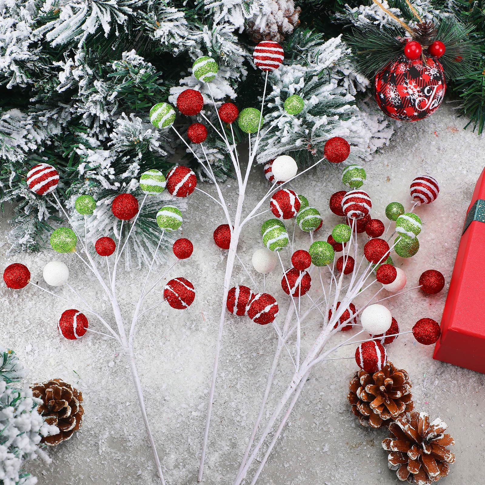 10 PCS 15 Inch Christmas Glitter Ball Picks Candy Tree Topper Striped