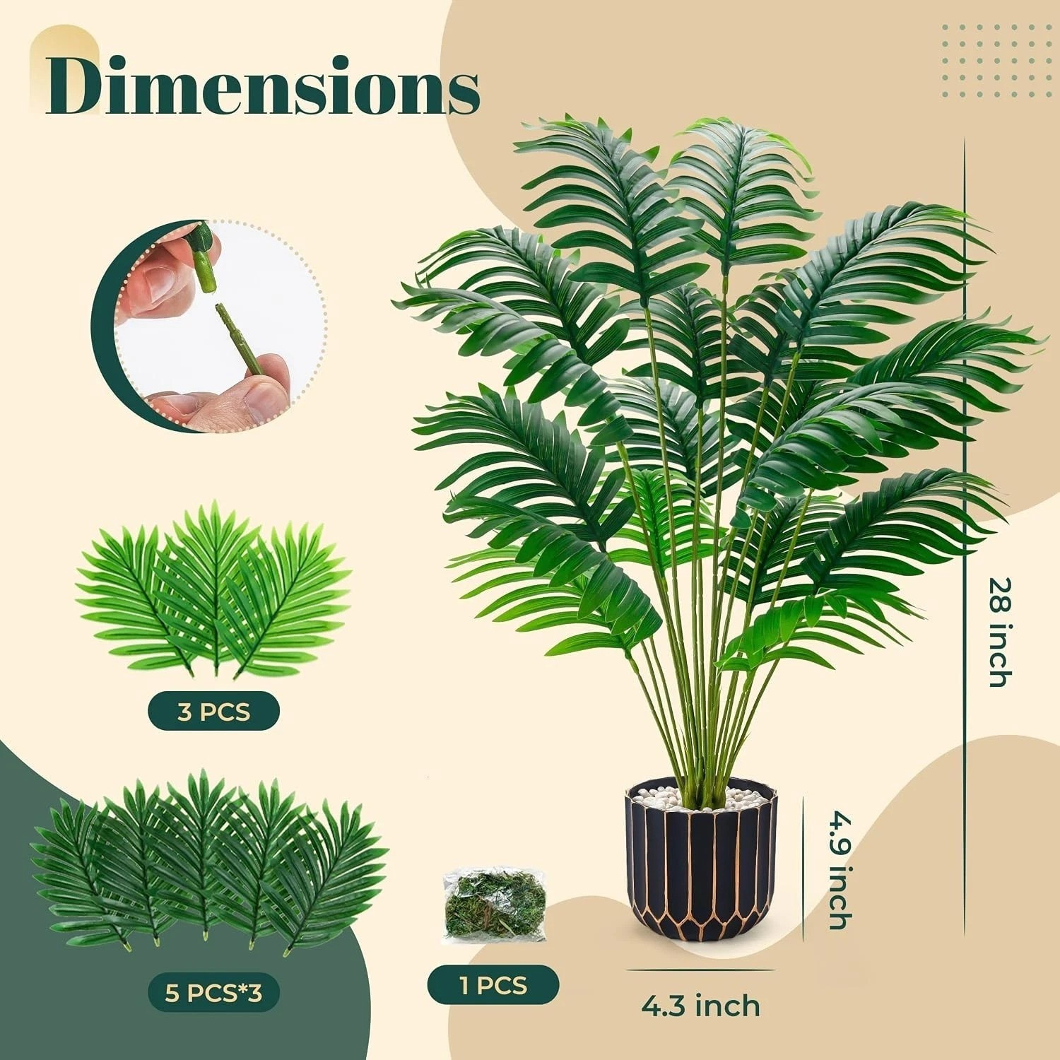 Realistic 28” Tall Faux Palm Tree with Black & Gold Pot for Stylish Home Decor