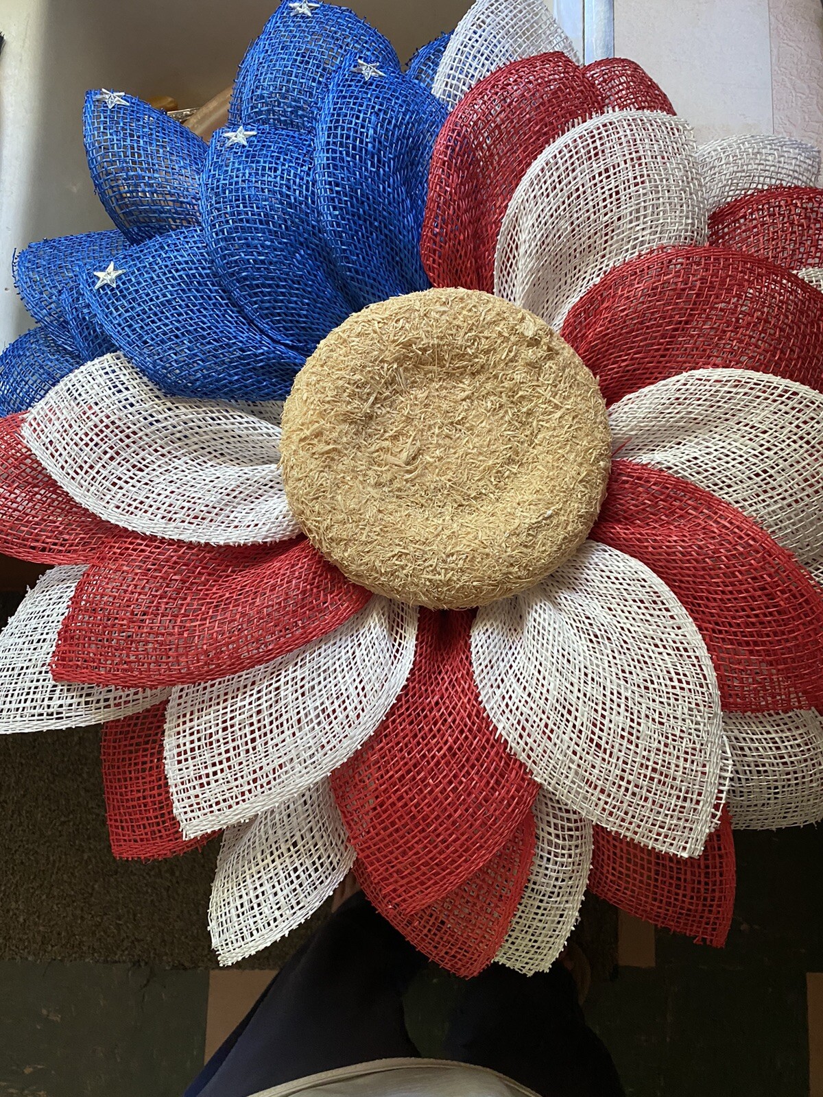 NEW Handcrafted Poly Burlap American Flag Flower Wreath 23″ Long