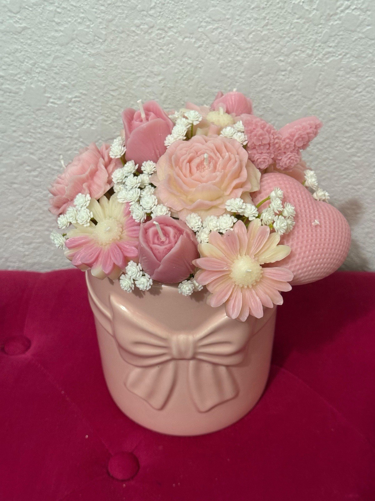 Artificial Pink & White Flower Centerpiece in Pink Bow Pot, Roses