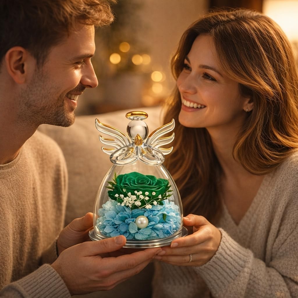 Unique Glass Angel with Preserved Rose – Perfect Birthday Gift for Women